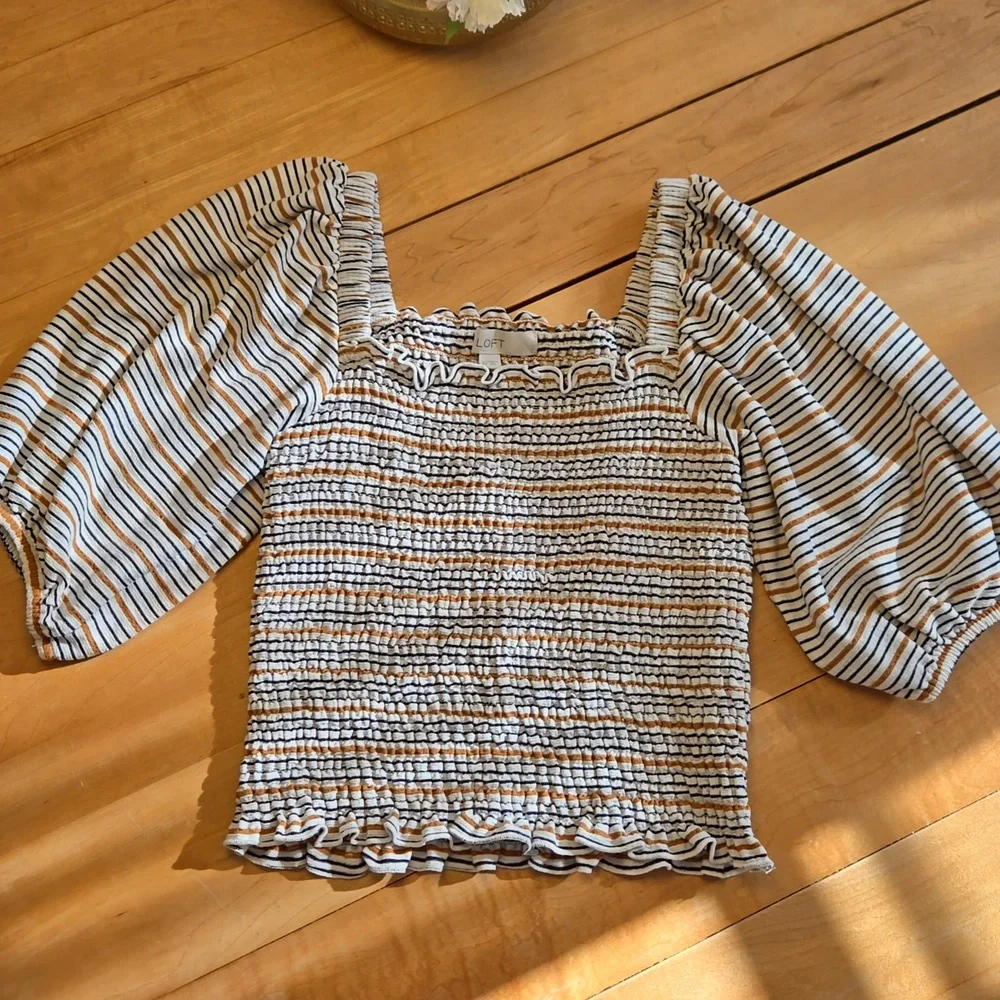 LOFT Striped Smocked Drape Sleeve Top - Picture 1 of 9